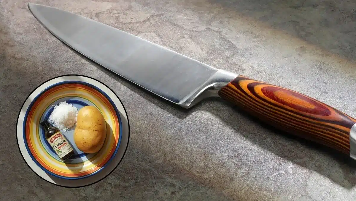 Ako naostriť a vyčistiť nôž: pomocou octu, soli a nakrájaného zemiaka.